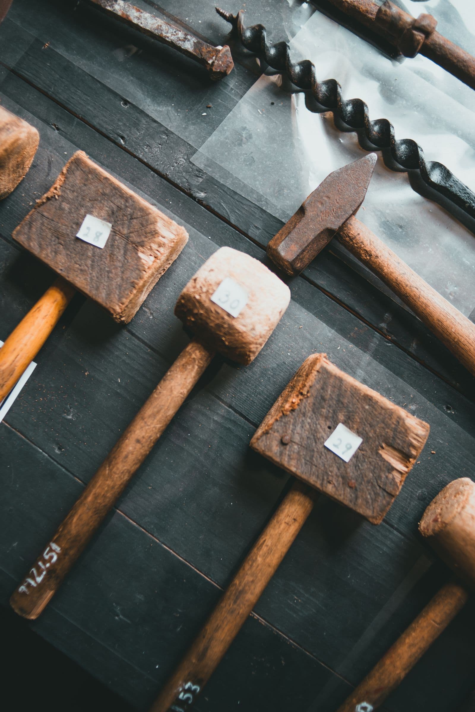 Hand tools laid out on the workbench